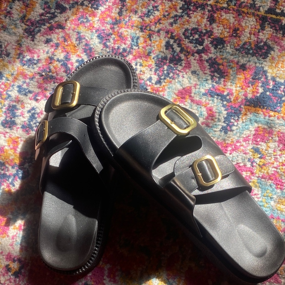 Black Platform Sandals with Gold Buckles